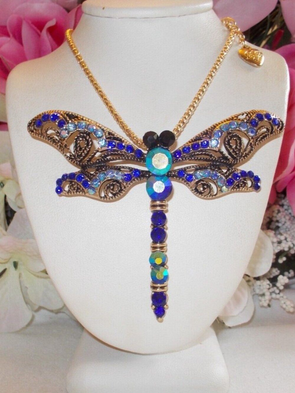 Betsey Johnson Large Blue Dragonfly Pendant Brooch Necklace NWT
